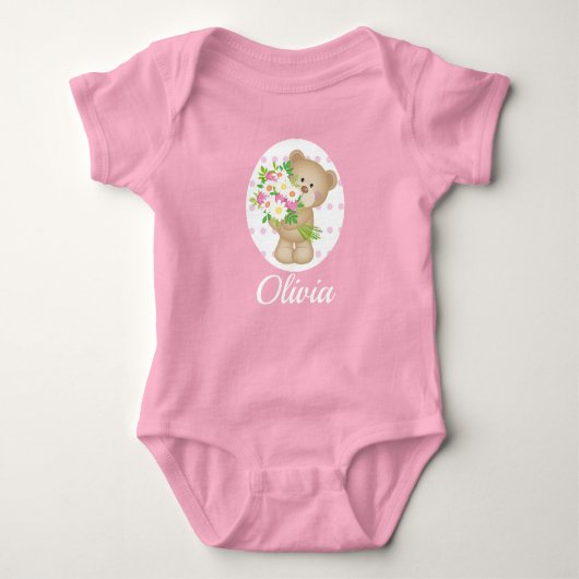 Cute Teddy Bear Baby's Name Gift in Roze Romper (Voorkant)