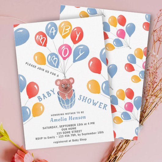Cute Teddy Bear Balloons Baby Boy Baby shower Kaart