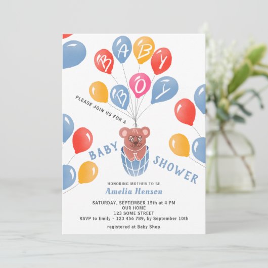 Cute Teddy Bear Balloons Baby Boy Baby shower Kaart (Staand voorkant)