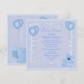 Cute Teddy Bear & Balloons Blue Baby shower Invite Kaart (Voorkant / Achterkant)