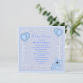 Cute Teddy Bear & Balloons Blue Baby shower Invite Kaart (Staand voorkant)