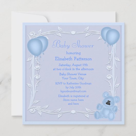 Cute Teddy Bear & Balloons Blue Baby shower Invite Kaart (Voorkant)