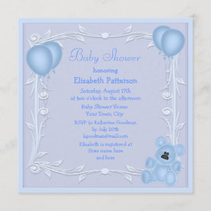 Cute Teddy Bear & Balloons Blue Baby shower Invite Kaart