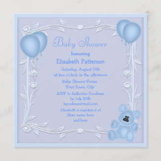 Cute Teddy Bear & Balloons Blue Baby shower Invite Kaart