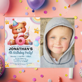 Cute Teddy Bear Birthday 6 with Photo  Kaart