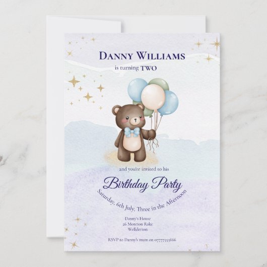 Cute Teddy Bear Birthday Party Invitation Kaart (Voorkant)