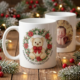 Cute Teddy Bear Bloemenkrans Baby Eerste Kerstmis Koffiemok