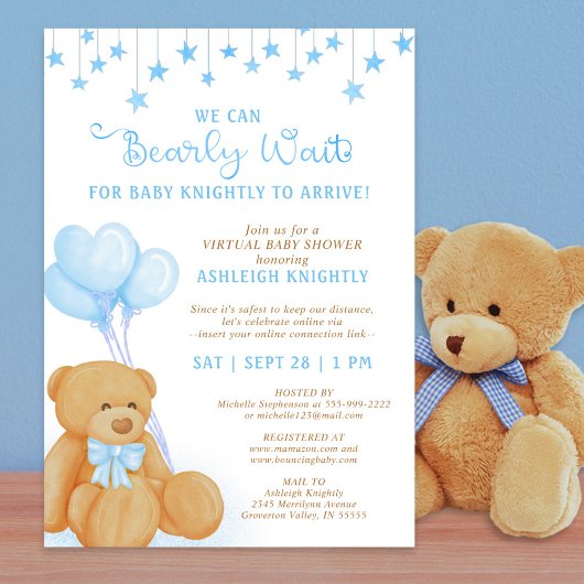 Cute Teddy Bear Blue-ballonnen Virtual Baby shower Kaart
