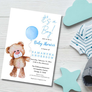 Cute Teddy Bear Blue Balloon Boy Baby shower Kaart