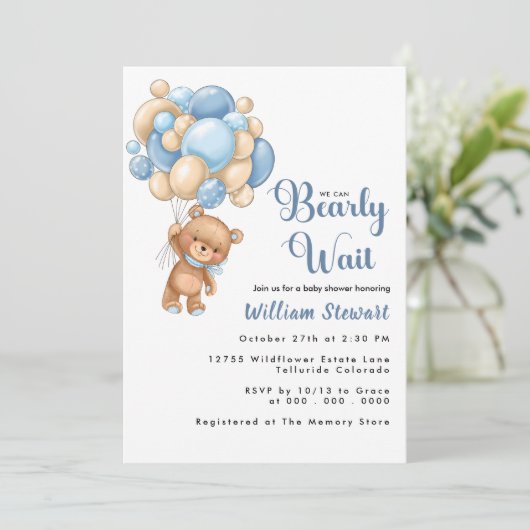 Cute Teddy Bear Blue Balloon Boy Baby shower Kaart (Staand voorkant)