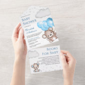 Cute Teddy Bear Blue Balloons Baby shower All In One Uitnodiging (Afscheurbaar)