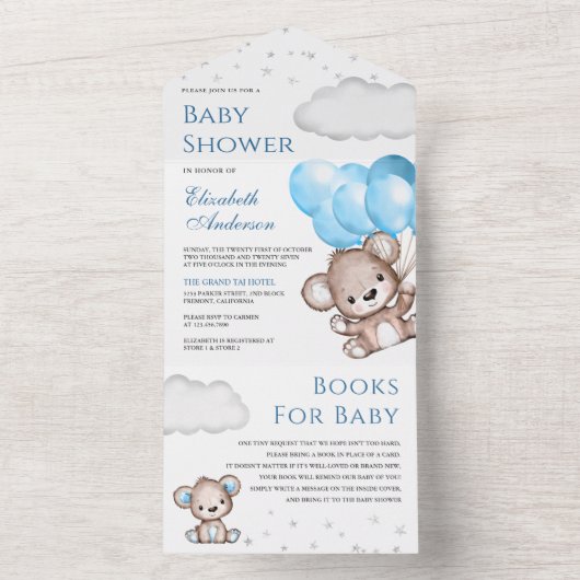 Cute Teddy Bear Blue Balloons Baby shower All In One Uitnodiging (Binnen)