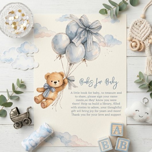 Cute Teddy Bear Blue Balloons Clouds Baby Boy Informatiekaartje