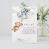 Cute Teddy Bear Blue Balloons Clouds Baby Boy Informatiekaartje (Staand voorkant)