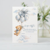 Cute Teddy Bear Blue Balloons Clouds Baby Boy Informatiekaartje (Staand voorkant)