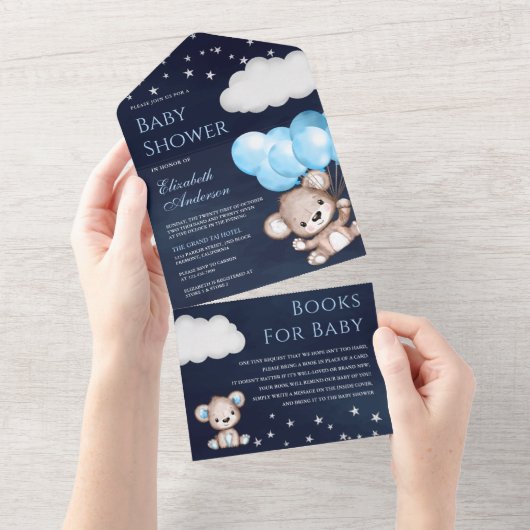 Cute Teddy Bear Blue Balloons Navy Baby shower All In One Uitnodiging (Afscheurbaar)