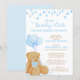 Cute Teddy Bear Blue Balloons Stars Baby shower Kaart