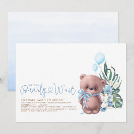 Cute Teddy Bear Blue Barly Wait Boy Baby shower Kaart