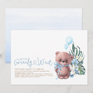 Cute Teddy Bear Blue Barly Wait Boy Baby shower Kaart