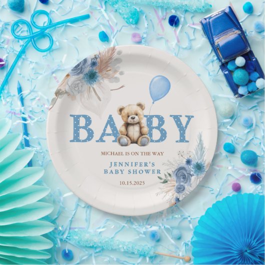 Cute Teddy Bear Blue Boho Floral Boy Papieren Bordje (Feest)