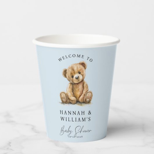 Cute Teddy Bear Blue Boy Baby Shower  Papieren Bekers (Voorkant)