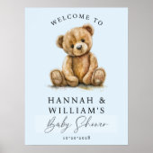 Cute Teddy Bear Blue Boy Baby Shower Welcome Sign Poster (Voorkant)