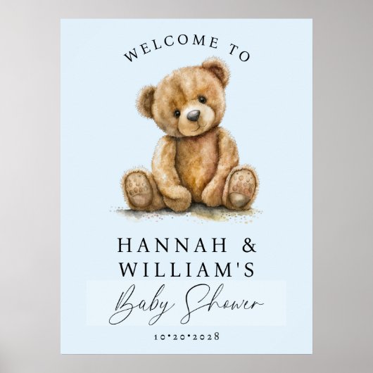 Cute Teddy Bear Blue Boy Baby Shower Welcome Sign Poster (Voorkant)
