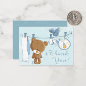 Cute Teddy Bear Blue Clothesline Dank je Notitiekaartje (Voorkant / Achterkant in situ)
