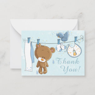 Cute Teddy Bear Blue Clothesline Dank je Notitiekaartje