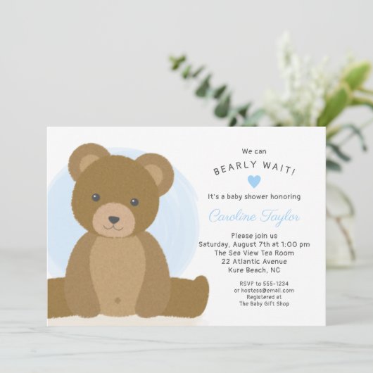 Cute Teddy Bear Blue Heart Boy Baby shower Kaart (Staand voorkant)