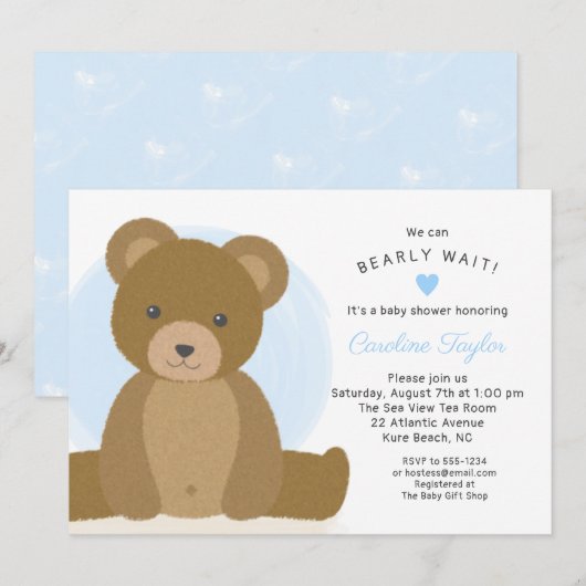 Cute Teddy Bear Blue Heart Boy Baby shower Kaart (Voorkant / Achterkant)