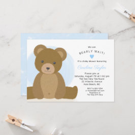 Cute Teddy Bear Blue Heart Boy Baby shower Kaart