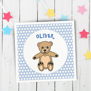 Cute Teddy Bear Blue Kinder Name Birthday Party Servet