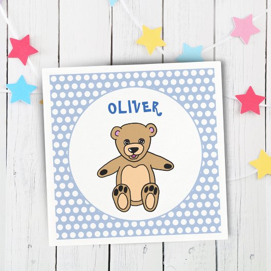 Cute Teddy Bear Blue Kinder Name Birthday Party Servet
