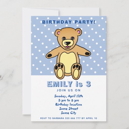 Cute Teddy Bear Blue Polka Dot Kind Birthday Kaart (Voorkant)