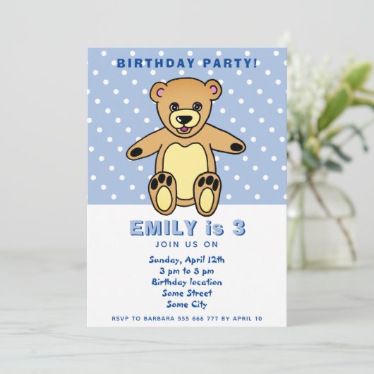 Cute Teddy Bear Blue Polka Dot Kind Birthday Kaart (Staand voorkant)