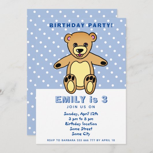 Cute Teddy Bear Blue Polka Dot Kind Birthday Kaart (Voorkant / Achterkant)