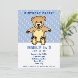 Cute Teddy Bear Blue Polka Dot Kind Birthday Kaart