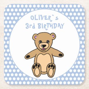 Cute Teddy Bear Blue Polka Dot Kind Birthday Kartonnen Onderzetters