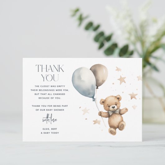 Cute Teddy Bear Boy Baby shower Bedankkaart (Staand voorkant)