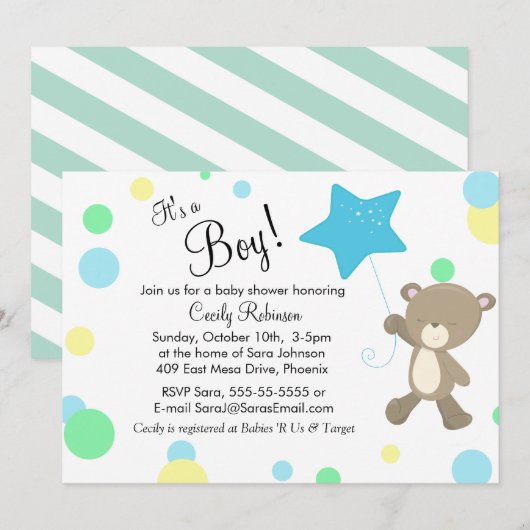 Cute Teddy Bear Boy Baby shower Kaart (Voorkant / Achterkant)