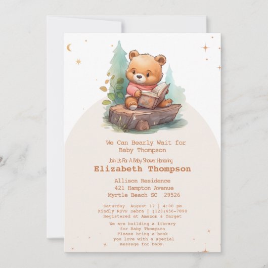 Cute Teddy Bear brengt een boek Baby shower mee Kaart (Voorkant)