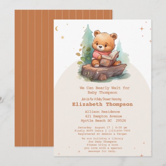 Cute Teddy Bear brengt een boek Baby shower mee Kaart (Voorkant / Achterkant)