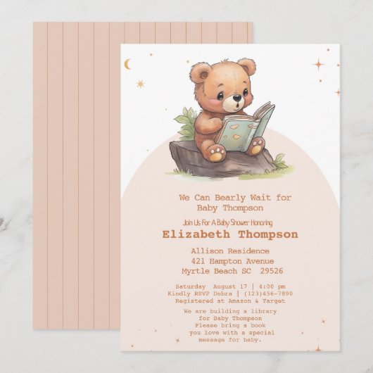 Cute Teddy Bear brengt een boek Baby shower mee Kaart (Voorkant / Achterkant)