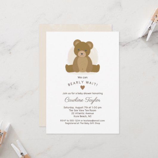 Cute Teddy Bear Brown Baby shower Invitation Kaart (Voorkant / Achterkant in situ)
