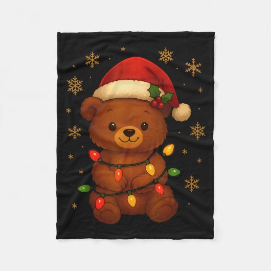 Cute Teddy Bear Christmas Tree Lights Santa Hat Fu Fleece Deken (Voorkant)