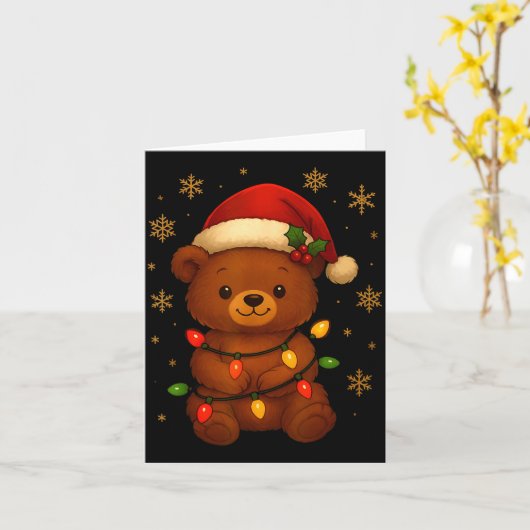 Cute Teddy Bear Christmas Tree Lights Santa Hat Fu Kaart (Gele Bloem)
