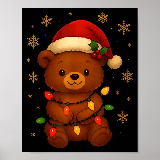 Cute Teddy Bear Christmas Tree Lights Santa Hat Fu Poster (Voorkant)