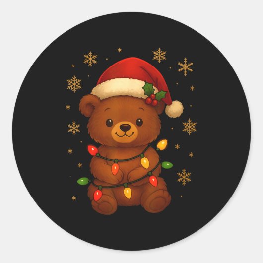 Cute Teddy Bear Christmas Tree Lights Santa Hat Fu Ronde Sticker (Voorkant)