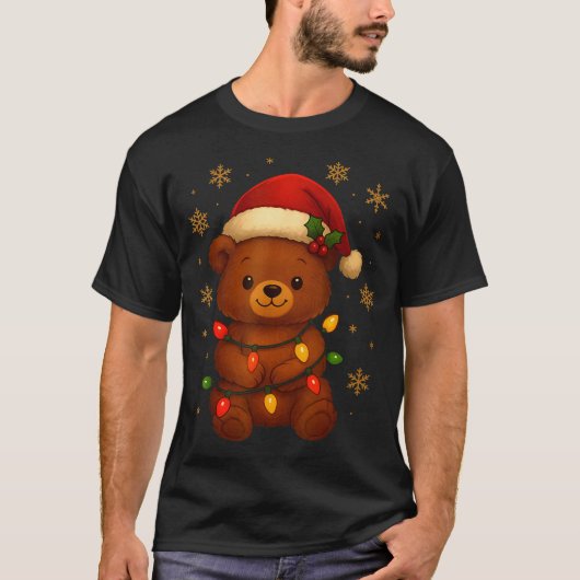 Cute Teddy Bear Christmas Tree Lights Santa Hat Fu T-shirt (Voorkant)